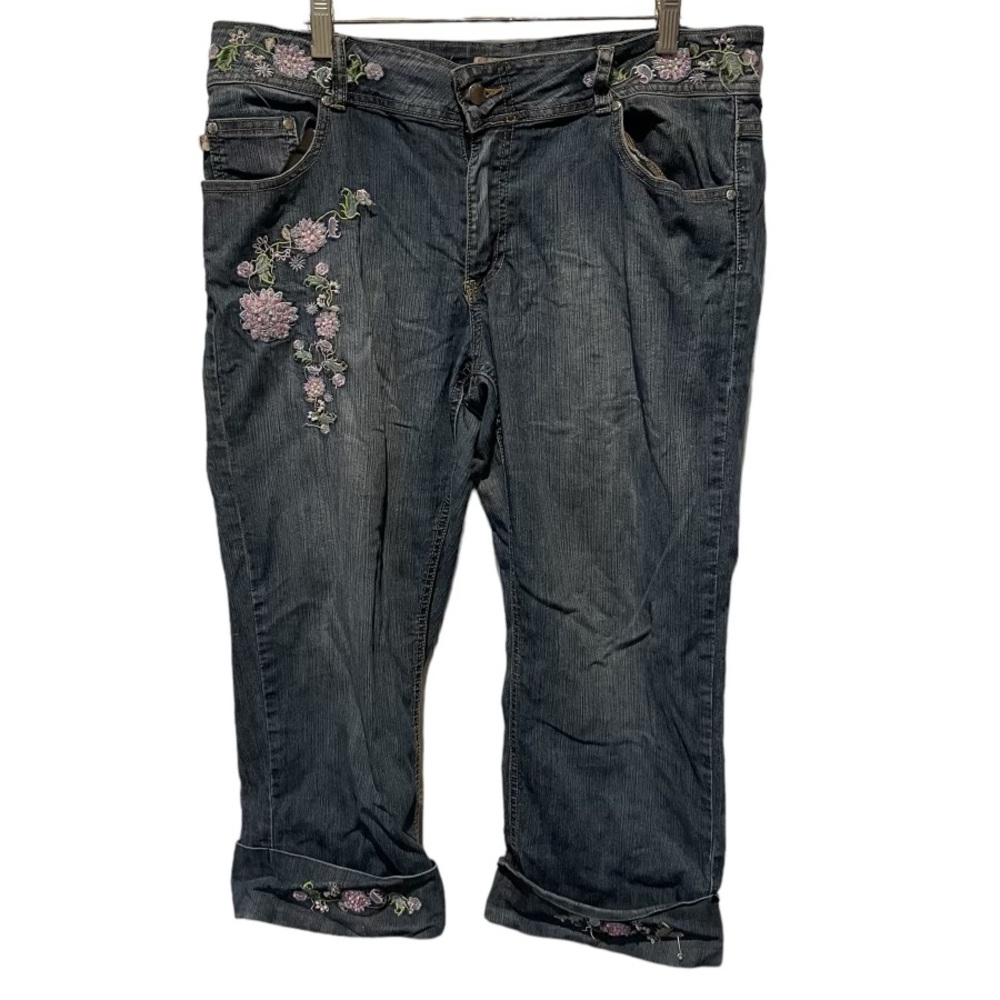 Crest Dark Blue Denim Jeans with Pink Floral Embroidery